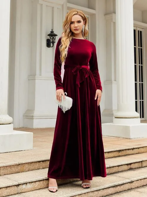 Nina's Tie Front Round Neck Long Sleeve Maxi Dress Comfortable Bohemian Maxi Dress