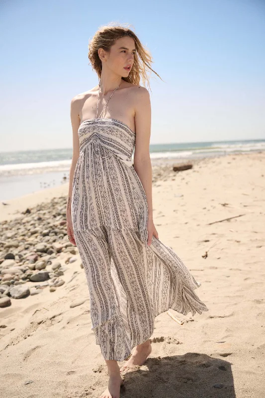 Traveling Soul Geo-Print Striped Halter Maxi Dress Stylish Maxi Dress with Frills