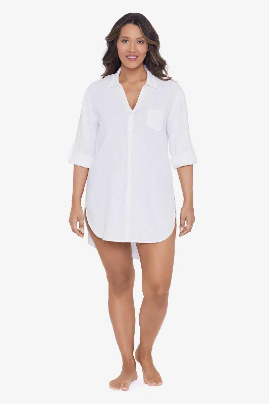 Solid Button Down Beach Shirt Swim Cover Up Chic Beach Cover-Up