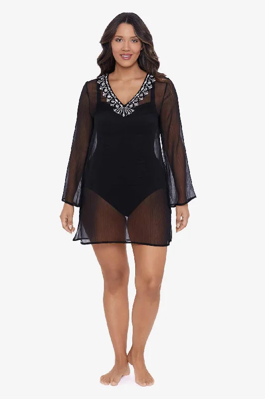 Solid Embroidered Coverup Dress Swim Cover Up Swimsuit with Skirt