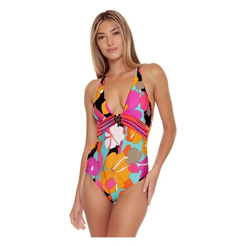 Trina Turk Gemini Plunge Print One Piece Womens Swimsuit Classic Two-Piece Bikini