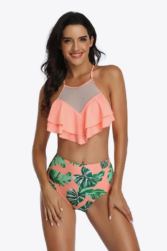 Tropical Ruffled Two-Piece Swimsuit Bold High-Cut Bikini