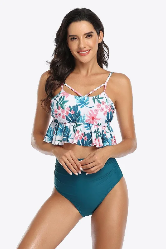 Tropical Crisscross Ruffled Two-Piece Swimsuit Soft Beachwear Set