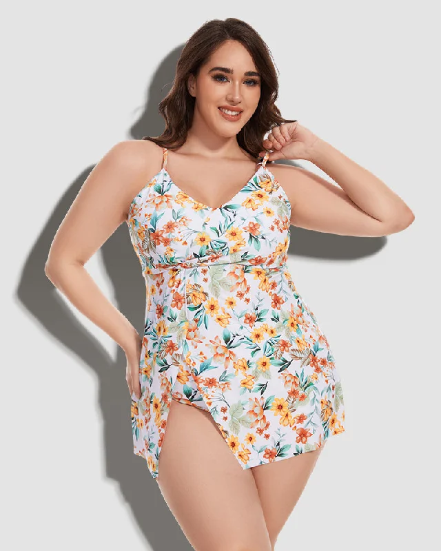 LilyLove® Tummy Control V Neck Twist Knot Floral Print Tropical Swimdress Plunge Neckline Swimsuit