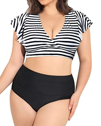 Ruffled Sleeve Two Piece Swimsuits Plus Size High Waisted Bikini-Black And White Stripe Ruched Swimwear Set