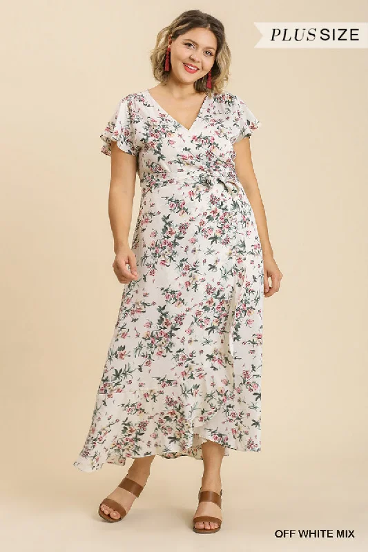 Floral Print Wrapped Short Ruffle Sleeve Maxi Dress With No Lining Fashionable Button-Down Maxi Dress