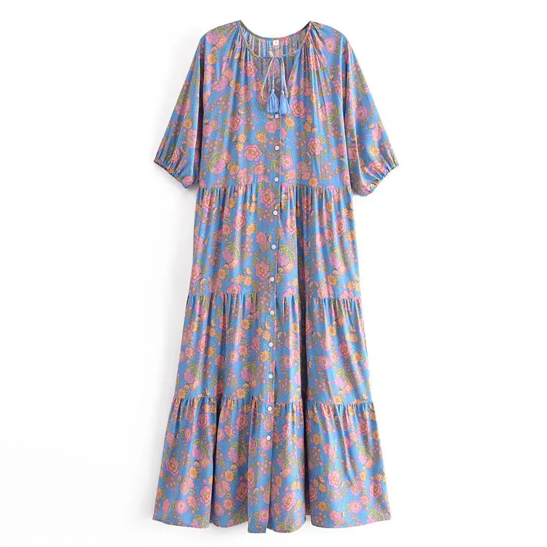 Blue Blossom Boho Floral Print Maxi Dress Stylish Maxi Dress with Pleats