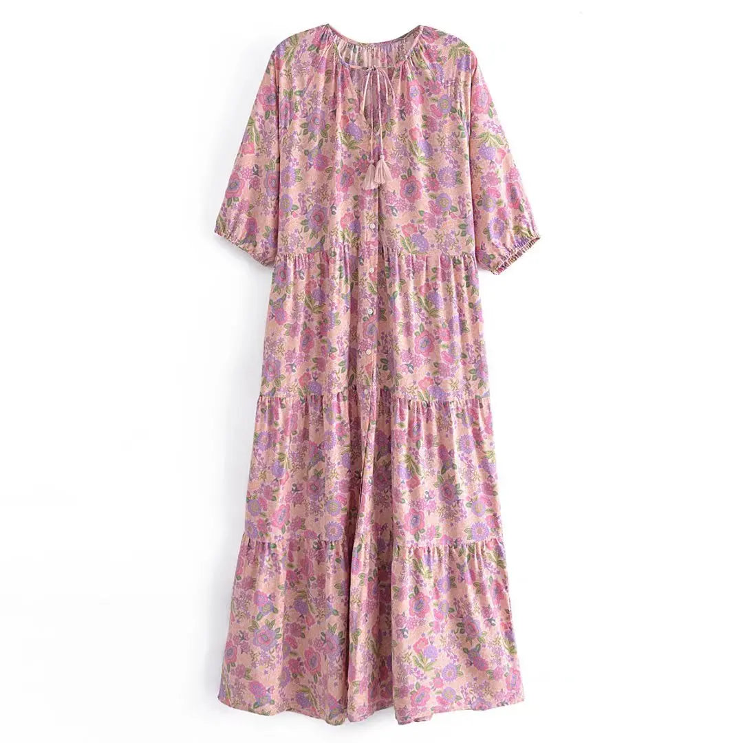 Blush Blossom Boho Floral Print Maxi Dress Elegant Velvet Maxi Dress