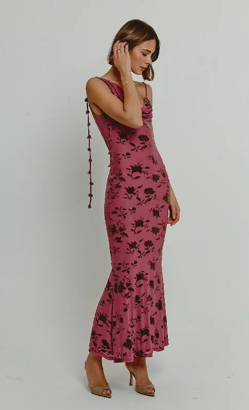 Mauve Burnt Devore Asymmetric Maxi Dress Comfortable Bohemian Maxi Dress