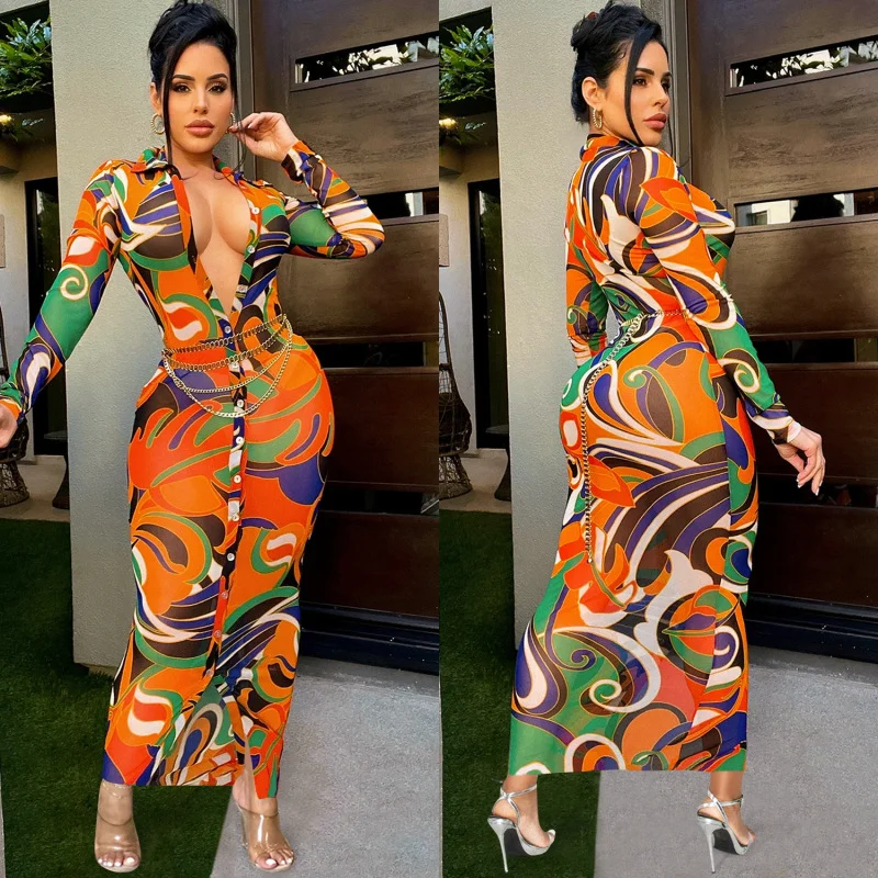 Women Fashion Mesh See-Through Graphic Printing Single Breasted Long Sleeve Shirt Maxi Dress Stylish Longline Maxi Dress