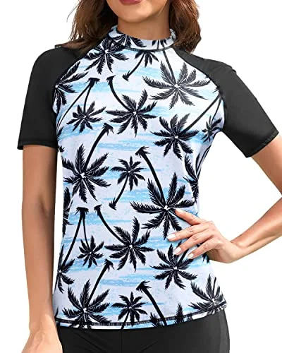 Stylish Women's Swim Top Multiple Color Options Short Sleeve Rashguard Top Swim Shirt-Black Palm Tree High-Waist Bikini Set