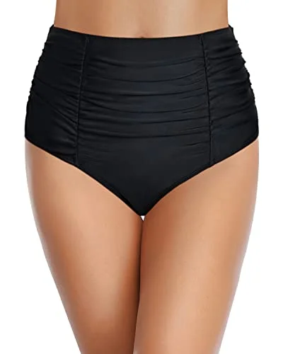 Ruched High Waisted Bikini Bottom Tummy Control Swim Bottom-Black Plus-Size Bikini Set