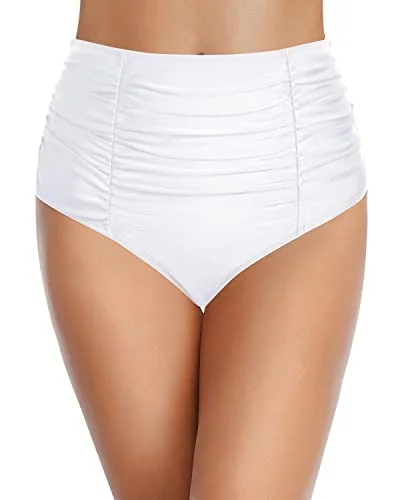 Full Coverage Vintage Shirred Swim Shorts For Women-White Beachy Ruffle Bikini