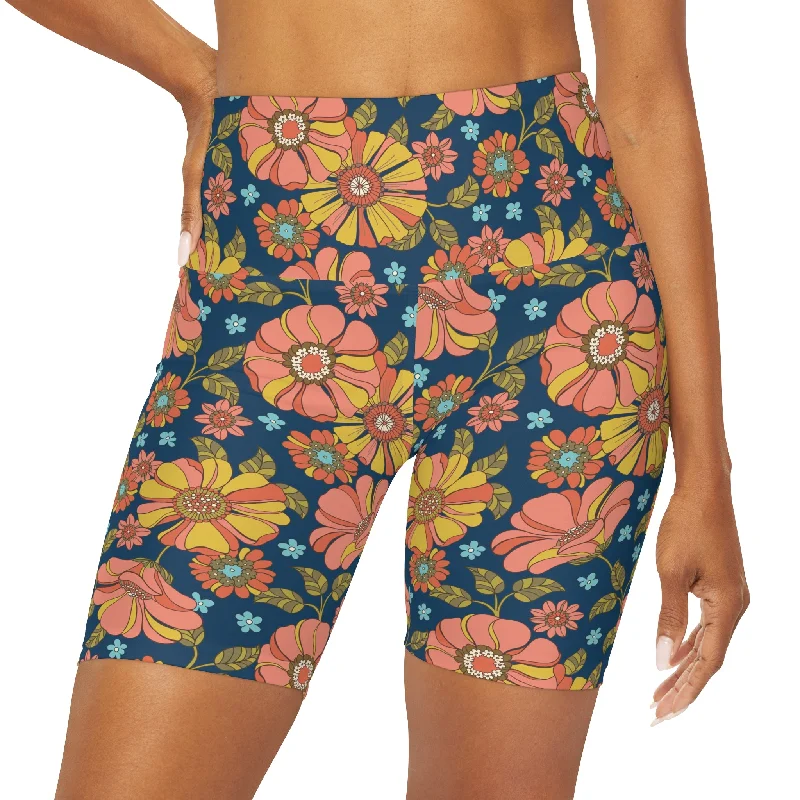 Women's High Waisted 7" Length Swim Shorts, Retro 70s Floral Elegant Ruffled Bikini