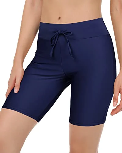 Women's Tummy Control Swim Shorts For Beach Sports Long Board Shorts-Navy Blue Stylish Swimsuit Set