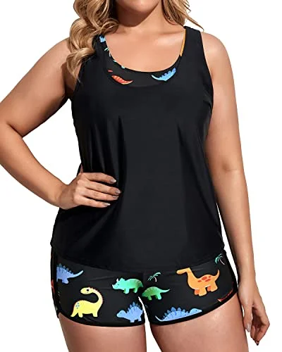 Plus Size Tankini Set With Sports Bra And Boy Shorts-Black Dinosaur Push-Up Swimsuit Top