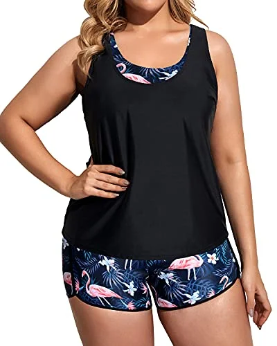 Scoop Neck Plus Size 3 Piece Swimsuits High Waisted Boy Shorts For Women-Black Flamingo Classic One-Piece