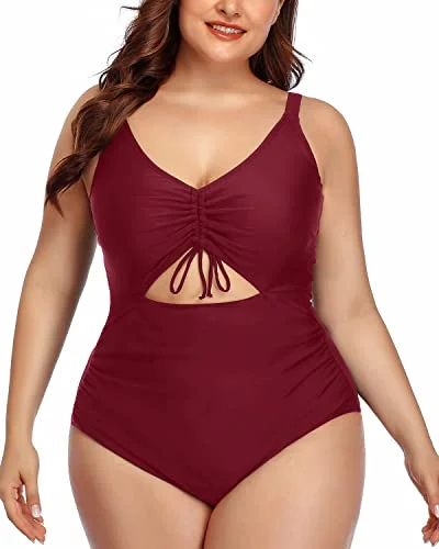 Fashionable Cutout Plus Size Swimsuit Drawstring-Maroon Ruffled Swimsuit Top