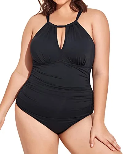 Plus Size Plunge Mesh Cut Out One Piece Swimsuit For Women-Black Sporty Swimwear Bottoms