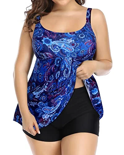 Scoop Neck Plus Size Tankini Swimsuits For Women Tummy Control-Blue Tribal Tie-Back Swimwear