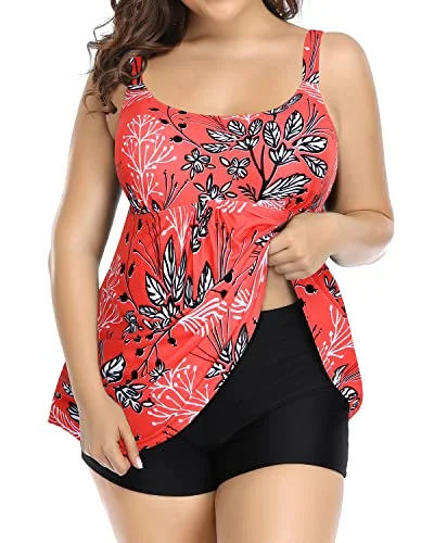 Plus Size Tankini Swimsuits With Boy Shorts For Women-Red Floral Mesh Swimsuit Top