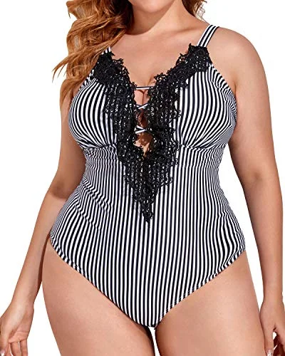 Sexy Lace Up Tummy Control Slimming Plus Size One Piece Swimsuits-Black And White Stripe Sexy Cutout Swimsuit