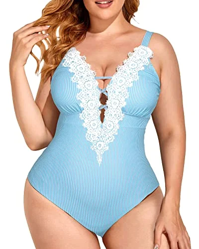 Alluring Tummy Control Slimming Plus Size One Piece Swimsuits-Blue White Stripe Sleek Full Coverage