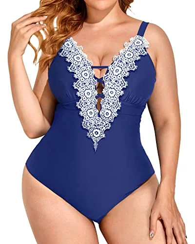 Crochet Plunge Neck Tummy Control Slimming Plus Size One Piece Swimsuits-Blue Halter Neck Swimsuit