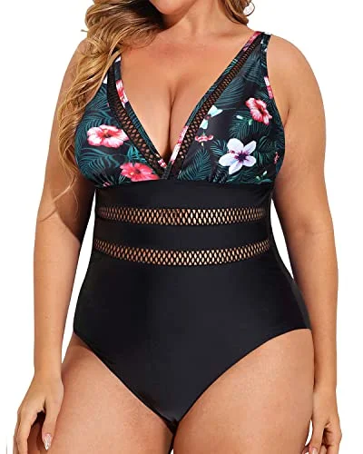 Sexy V Neck Tummy Control Plus Size Swimsuits-Black Floral Sporty Swimwear Bottoms