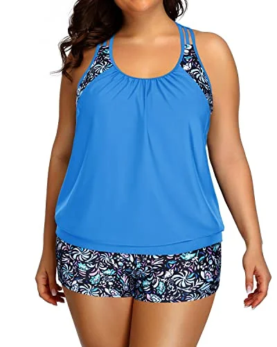 Womens Plus Size Tankini Swimsuit Two Piece Tummy Control Bathing Suit-Blue Floral Strappy Back Bikini