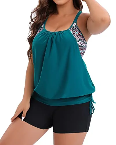 Women's Plus Size Tummy Control Swimsuits For Mothers-Teal Lace Back Bikini