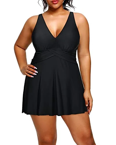 Women's One Piece Plus Size Swim Dress With Tummy Control Bathing Suit-Black Soft Beachwear Set