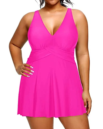 Women's No Wire Removable Push Up Padded Bra Plus Size Swimdress-Neon Pink Halter Top Bikini