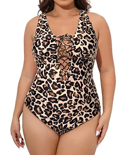 Tummy Control Crochet Trim Plus Size One Piece Swimsuits For Women-Leopard High-Cut One-Piece