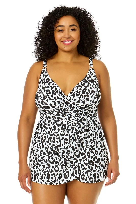 Women's Plus Size Wild Cat Swim Dress With Skirted Bottom Playful Pattern Swimsuit