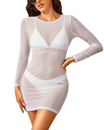 Women's Sexy Sheer Mesh Swimsuit Cover-up with Long Sleeves Beach Dress Stylish Beachwear Set