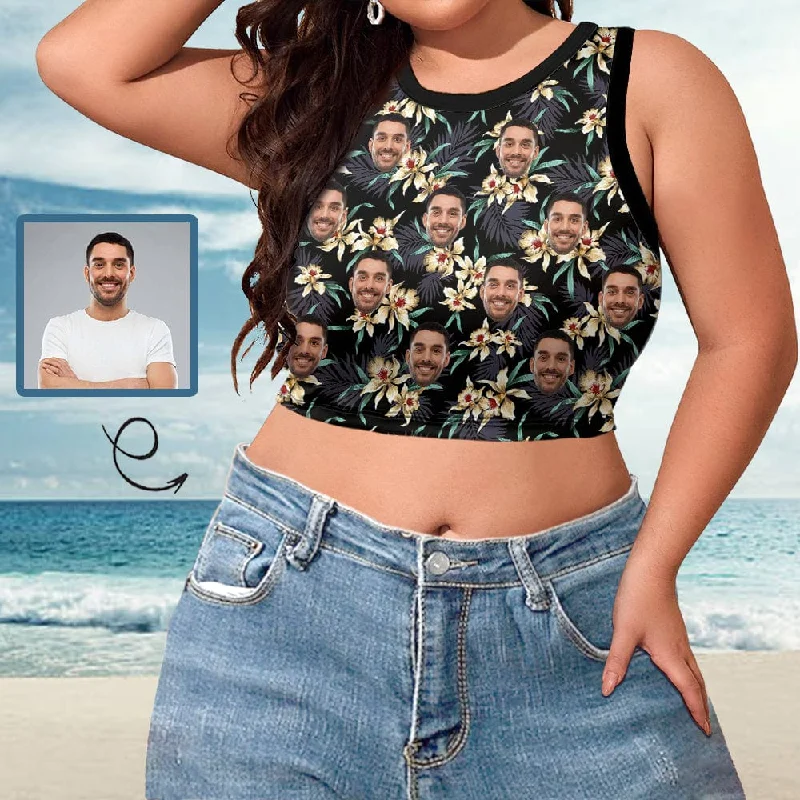 Women's Tank Top with Face Custom Black Flowers High Neck Crop Top Swimsuits Bustier Vibrant Bikini Design Women's Tank Top with Face Custom Black Flowers High Neck Crop Top Swimsuits Bustier Vibrant Bikini Design