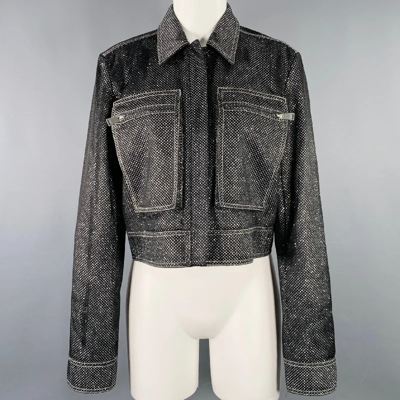 JONATHAN SIMKHAI Size M Black Silver Glittered Cropped Jacket Blazer A-Line Jacket Boat Neck Shawl Collar