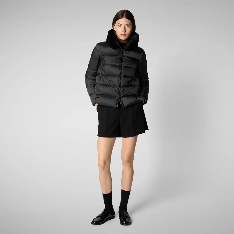 Women's animal free Puffer jacket mei in black A-Line Jacket Boat Neck Shawl Collar