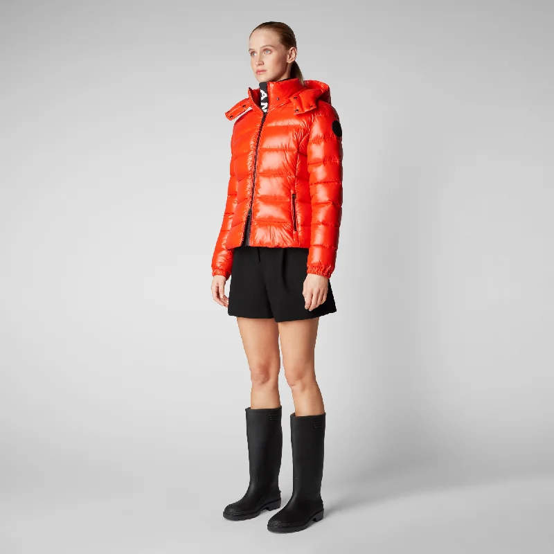 Women's Cosmary Puffer Jacket with Detachable Hood in Poppy Red One-Shoulder Jacket Off-the-Shoulder Jacket Asymmetrical Jacket