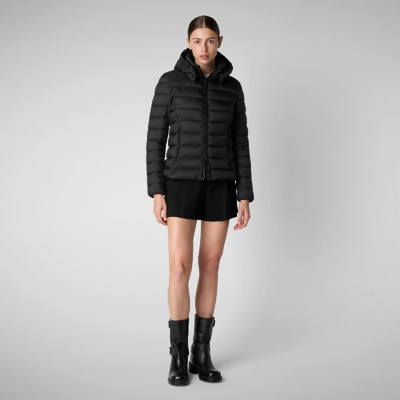 Women's Animal free Puffer Jacket Amelie with Detachable Hood in Black Nylon Fabric Polyester Fabric Spandex Fabric