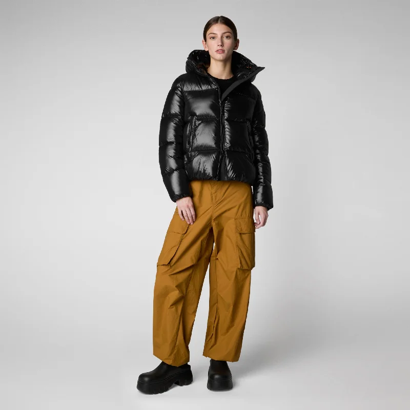 Women's Hooded Animal free Puffer Jacket Biddy in Black Ribbed Jacket Pleated Jacket Ruffled Jacket