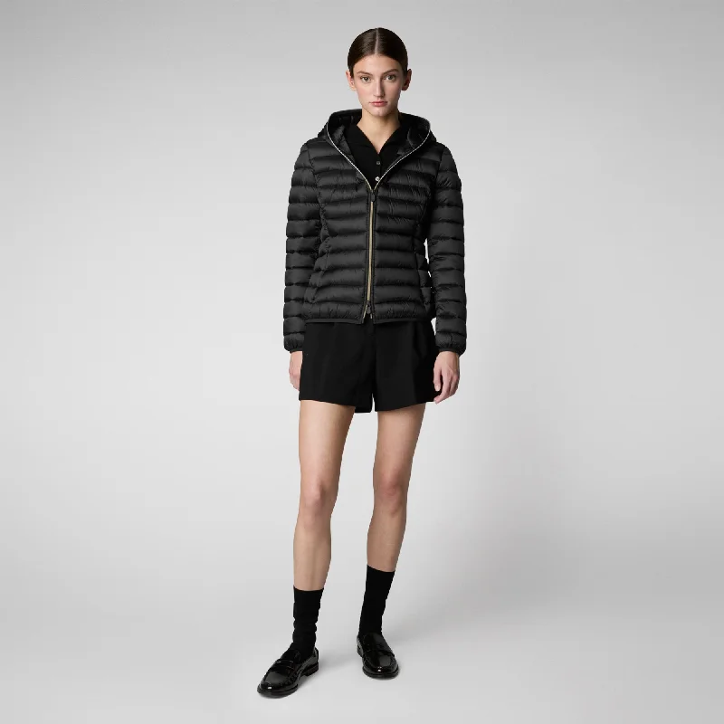 Women's Hooded Animal free Puffer Jacket Alexis in Black A-Line Jacket Boat Neck Shawl Collar