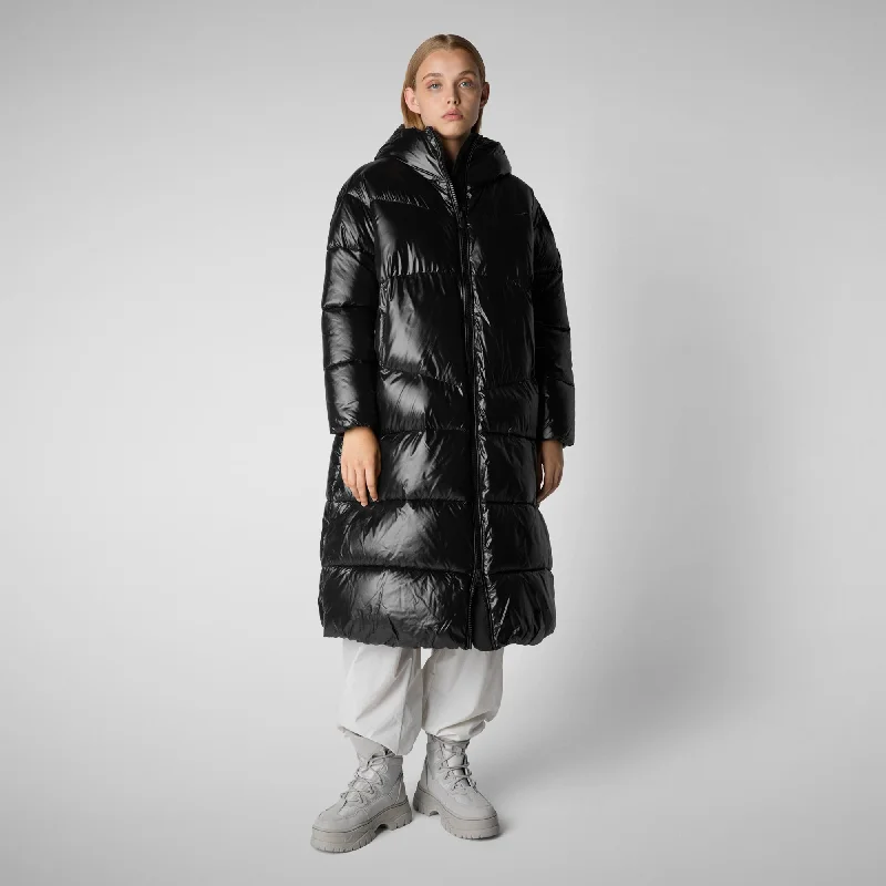 Women's animal free hooded Animal free Puffer jacket Clarice in Black Front Pockets Side Pockets Patch Pockets