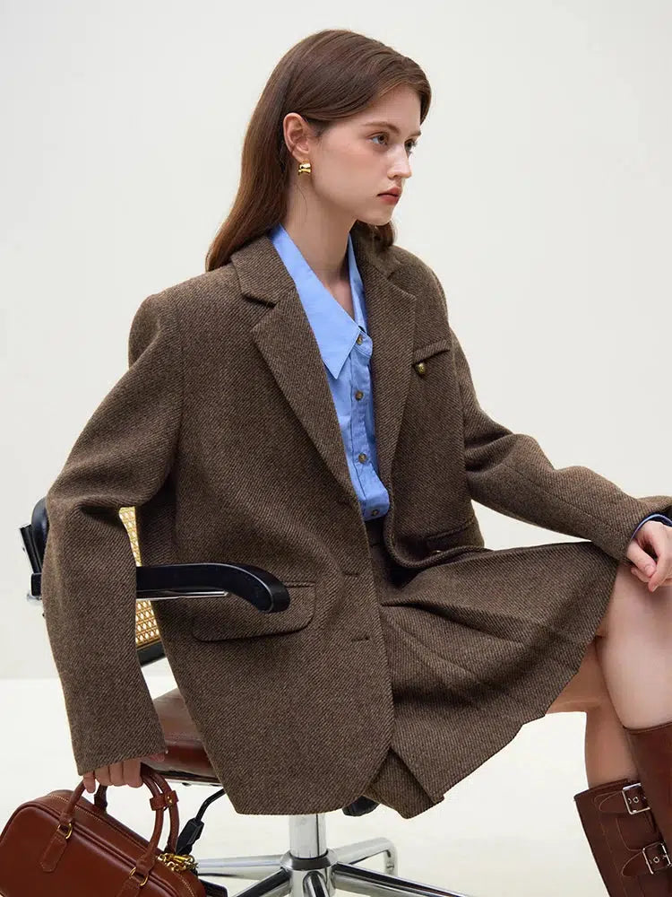 Wool Blazer Jacket & Mini Skirt Two Piece Set One-Shoulder Jacket Off-the-Shoulder Jacket Asymmetrical Jacket
