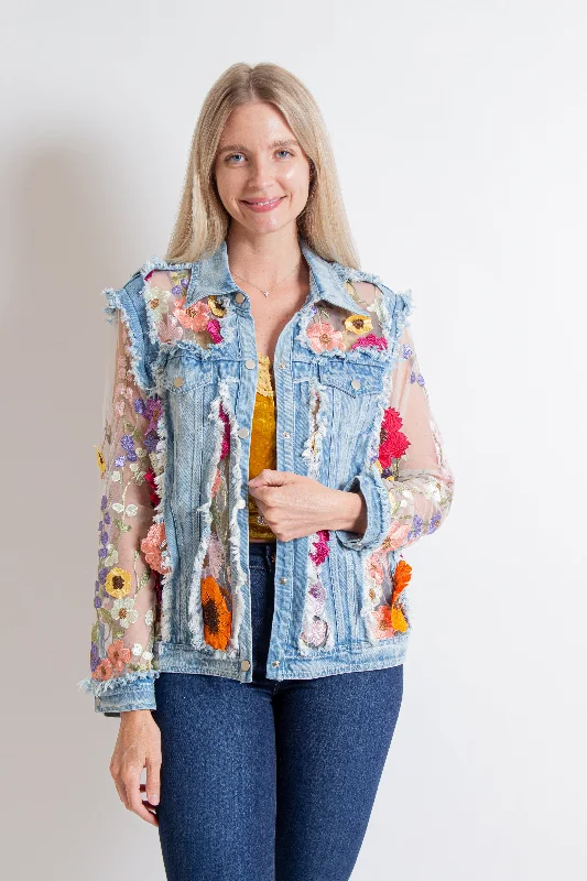 Floral Embroidered Mesh Denim Jacket Wool Jacket Cashmere Jacket Tweed Jacket