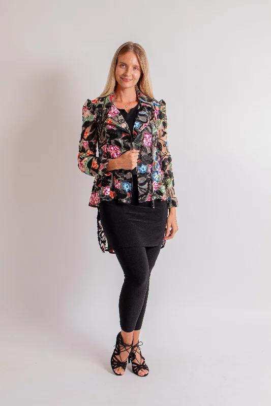 Embroidered Bouquet Hi-Lo Moto Jacket Satin Jacket Silk Jacket Chiffon Jacket