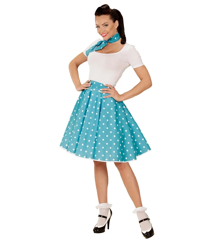 50's Rockabilly Blue Polka Dot Skirt and Neckscarf silk skirt sleek
