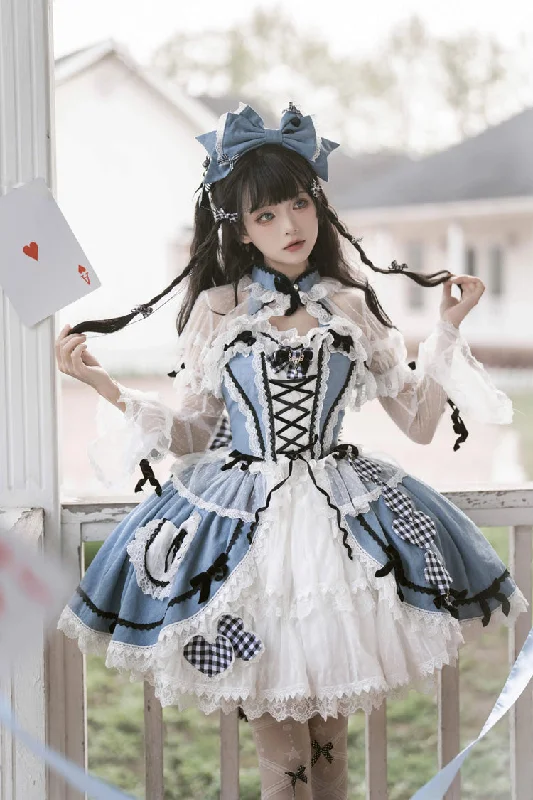Blue Ruffle Bowknot Lace Sweet Chinese Style Elegant Princess Lolita Skirt (Includes Tops) leather skirt refined