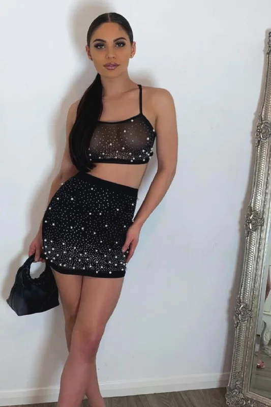 Caution Vip Black Rhinestone & Pearls Two Piece Skirt Top Co Ord Set button skirt front